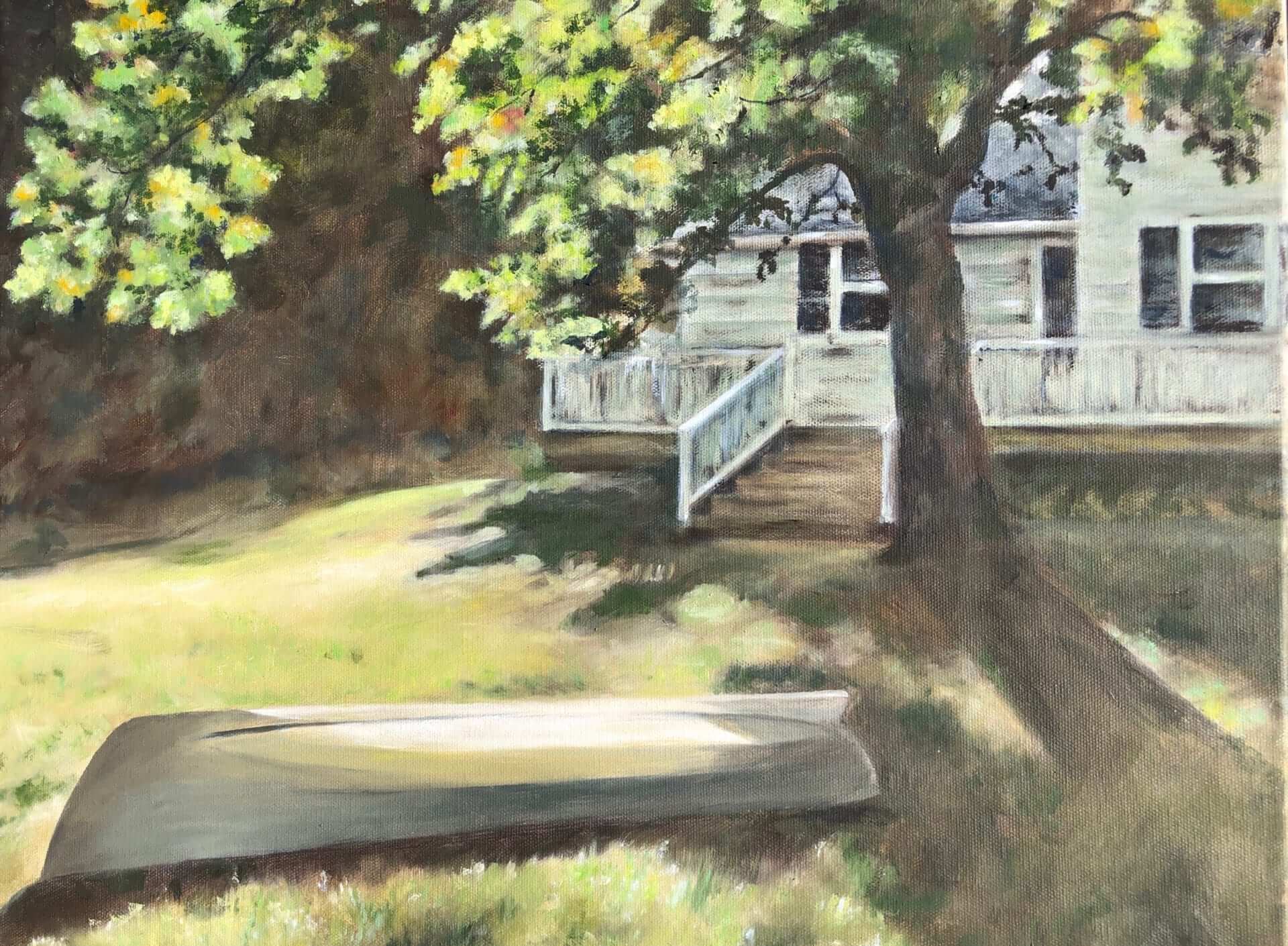 A painting of a tree outside a house