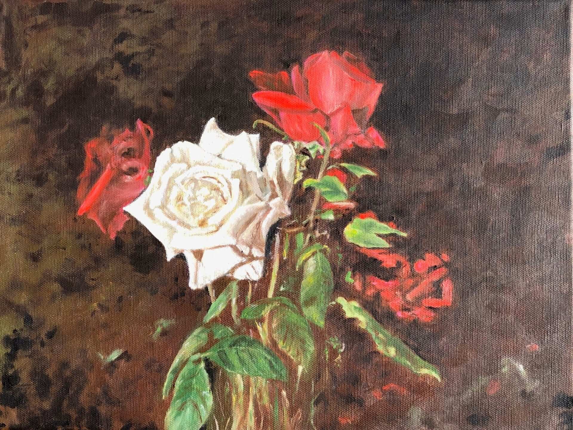 Portrait painting of two roses with brown background