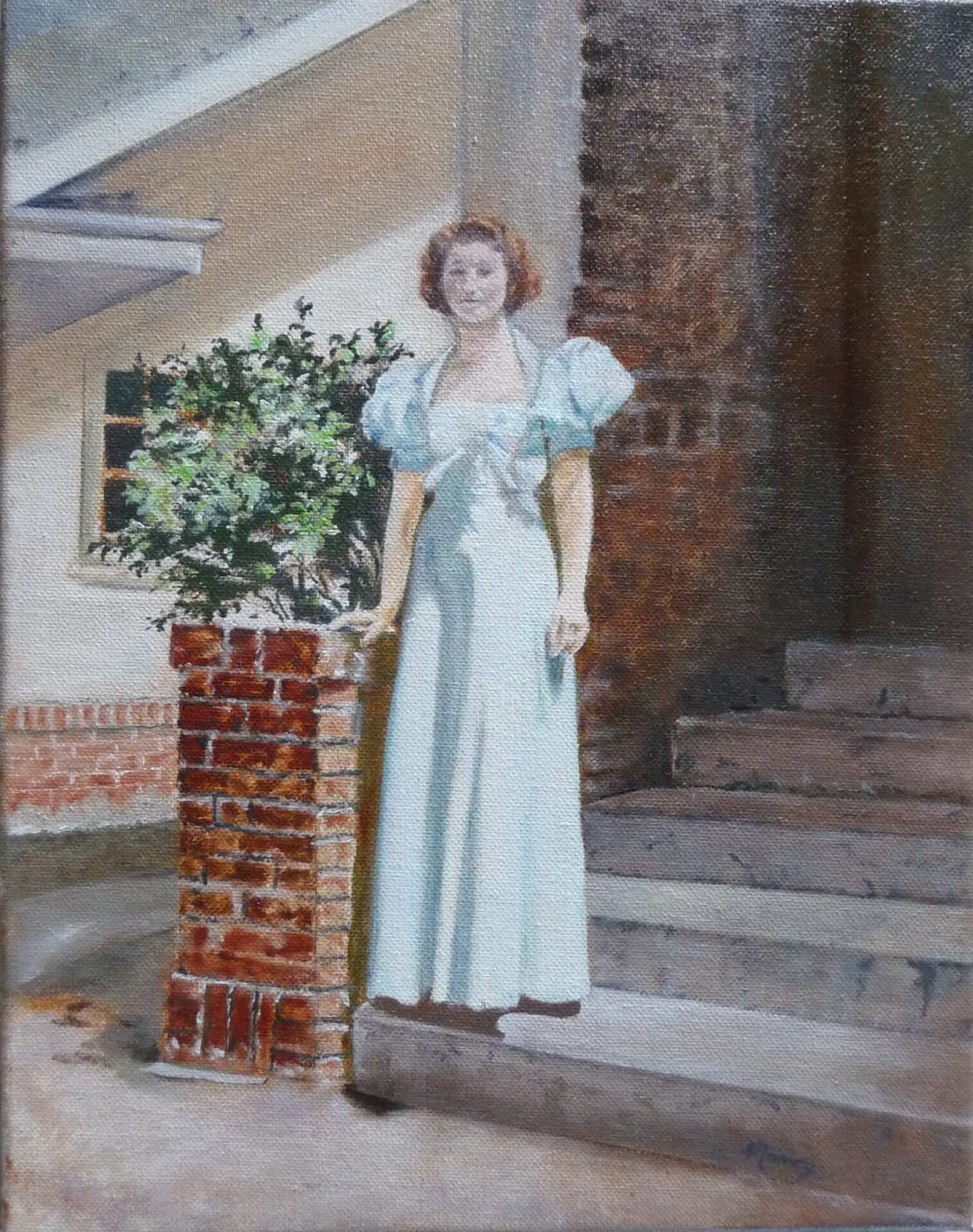 Painting of a girl standing outside a house