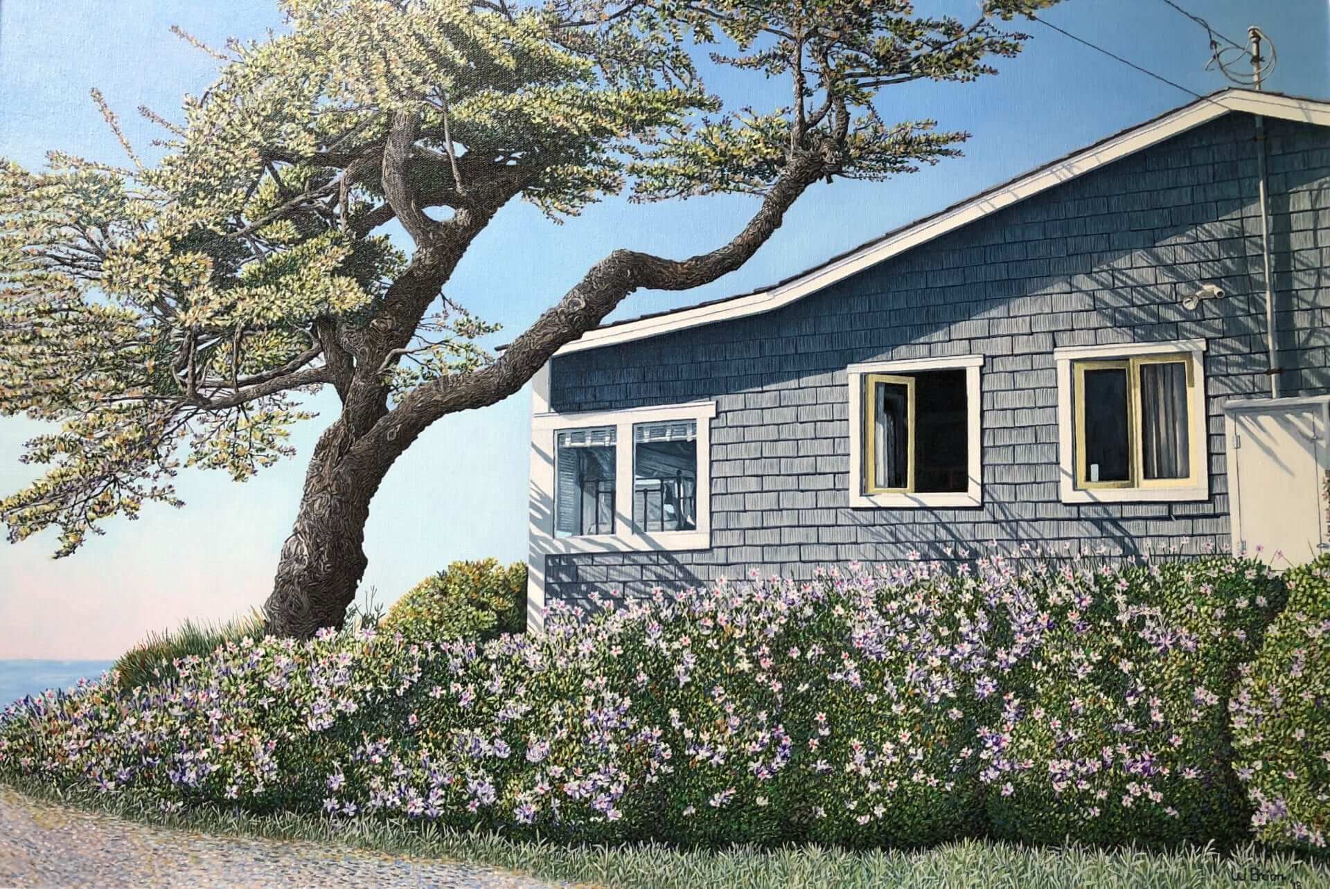 A beautiful painting of the house and trees